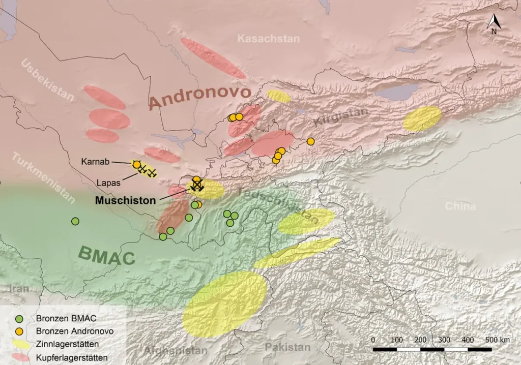 Distribution map of the investigated Central Asian bronzes and copper and tin deposits